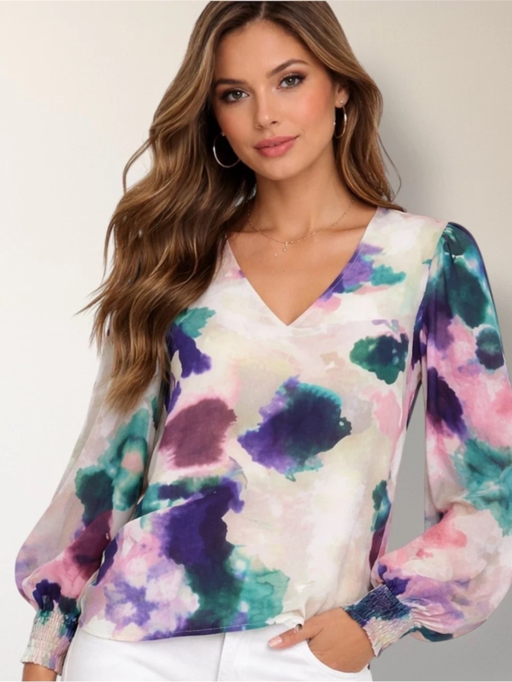 CAbi Abstract Watercolor V-Neck Long Sleeve Blouse - women L casual office Y2K